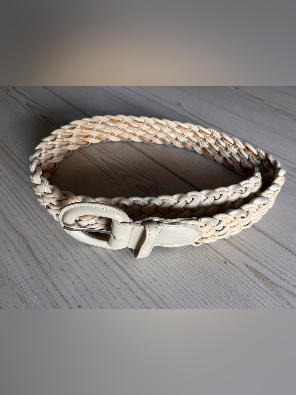 Women's Braided Cream Belt with Leather Buckle